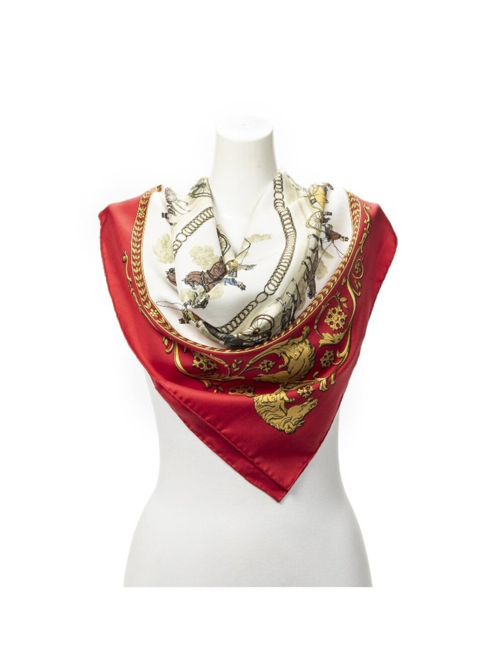 Hermes Scarf Red Gold White Twill Silk